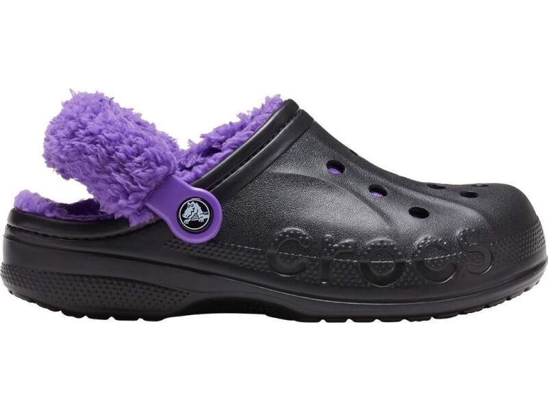 Crocs™ Baya Lined Fuzz Strap Clog Black/Neon Purple